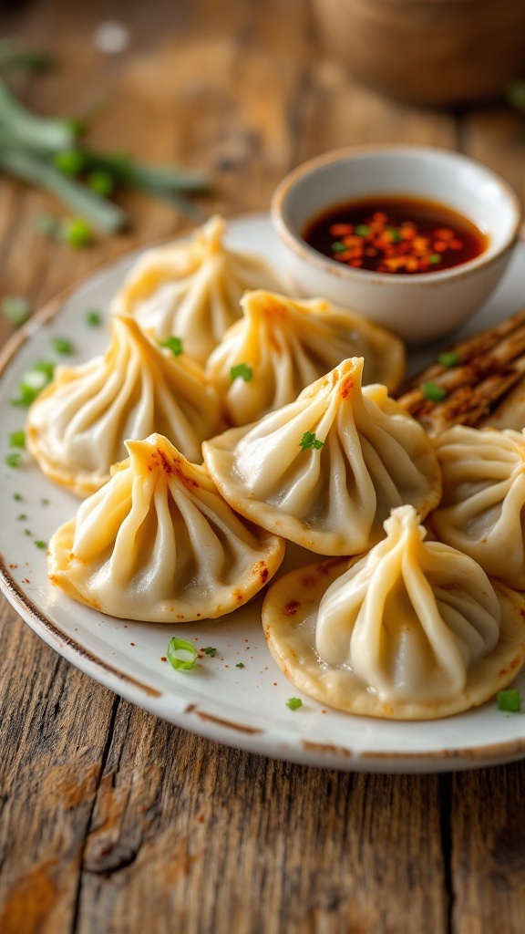 Plate of chicken and eggplant dumplings with soy sauce and chili oil on a rustic table.